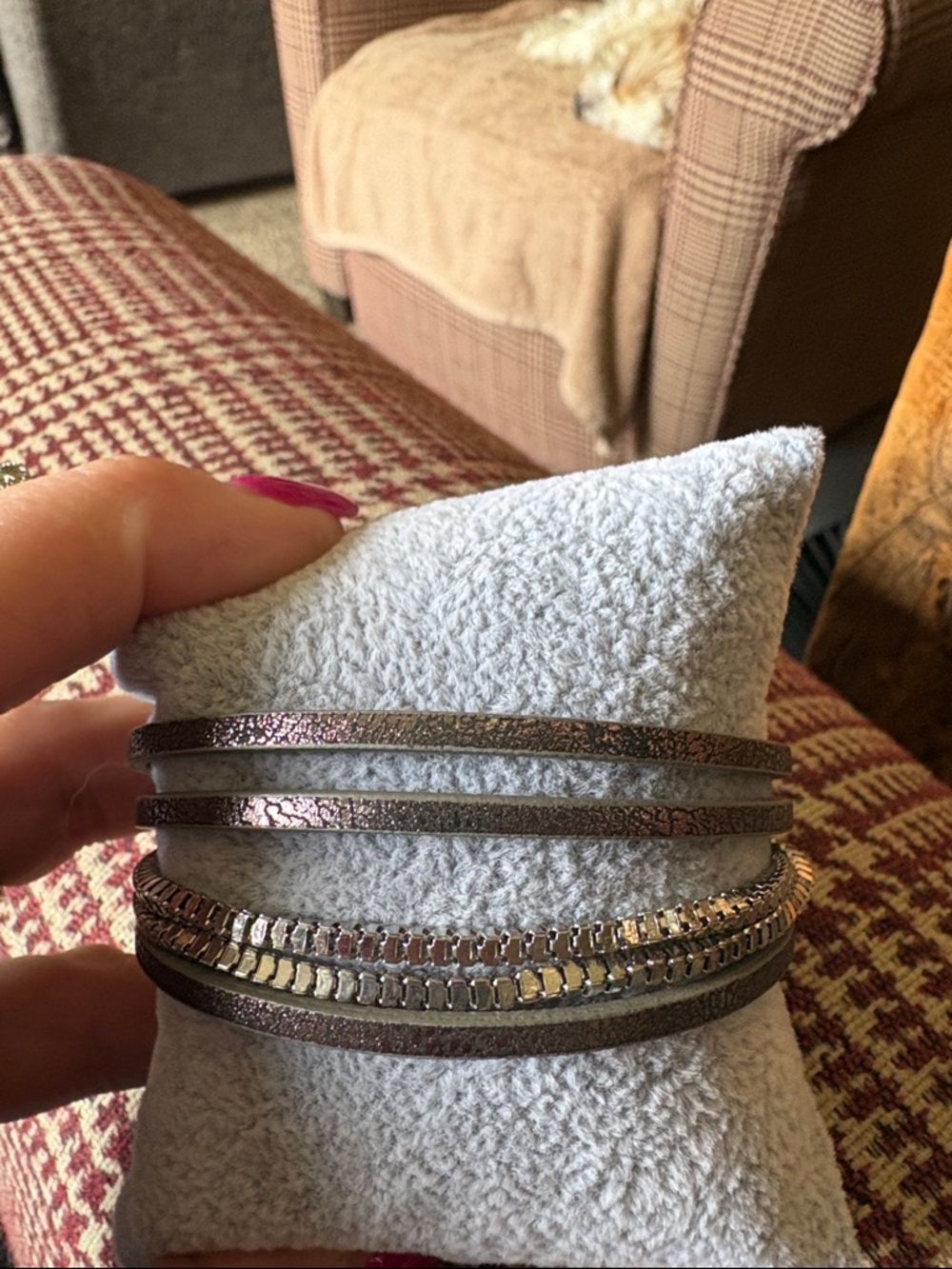 Layered Metallic Brown Leather Wrap Bracelet with Crystal Chain Accent